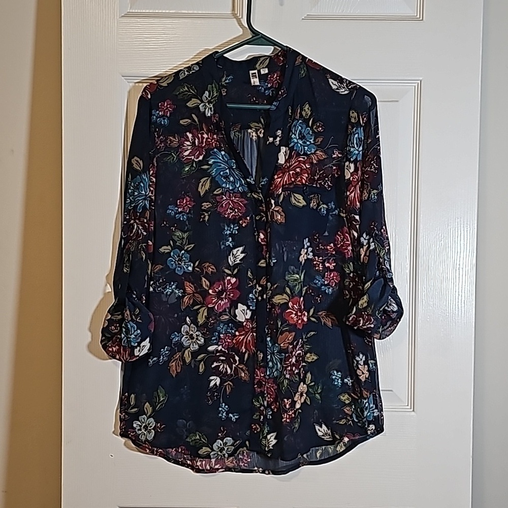 Kut From The Kloth JASMINE Button-Up Shirt Blue Floral Roll-Tab Sleeve Sheer M